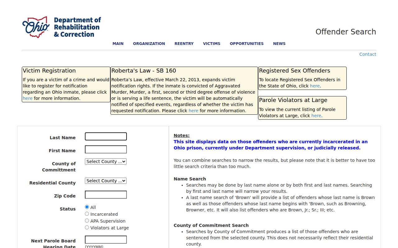 Ohio Department of Rehabilitation and Correction offender search interface